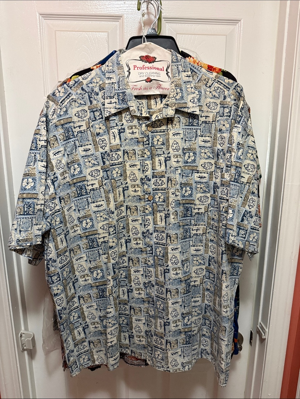 Men's Blue and Cream Patterned Short-Sleeve Button-Up Shirt